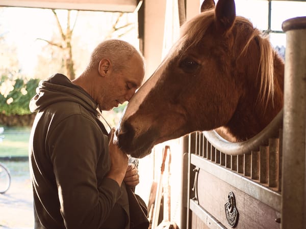 a man resting his head on a horse's head in a stable. the horse is looking at him, the man is calmly looking down.
