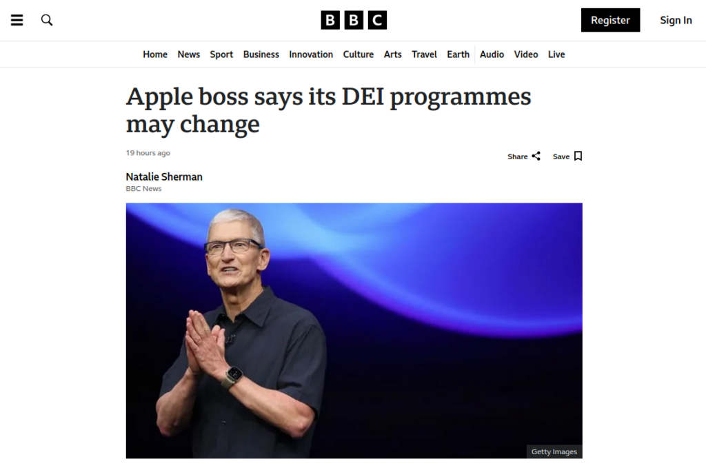 Screenshot of a BBC news story aout "Apple boss says its DEI programmes may change"